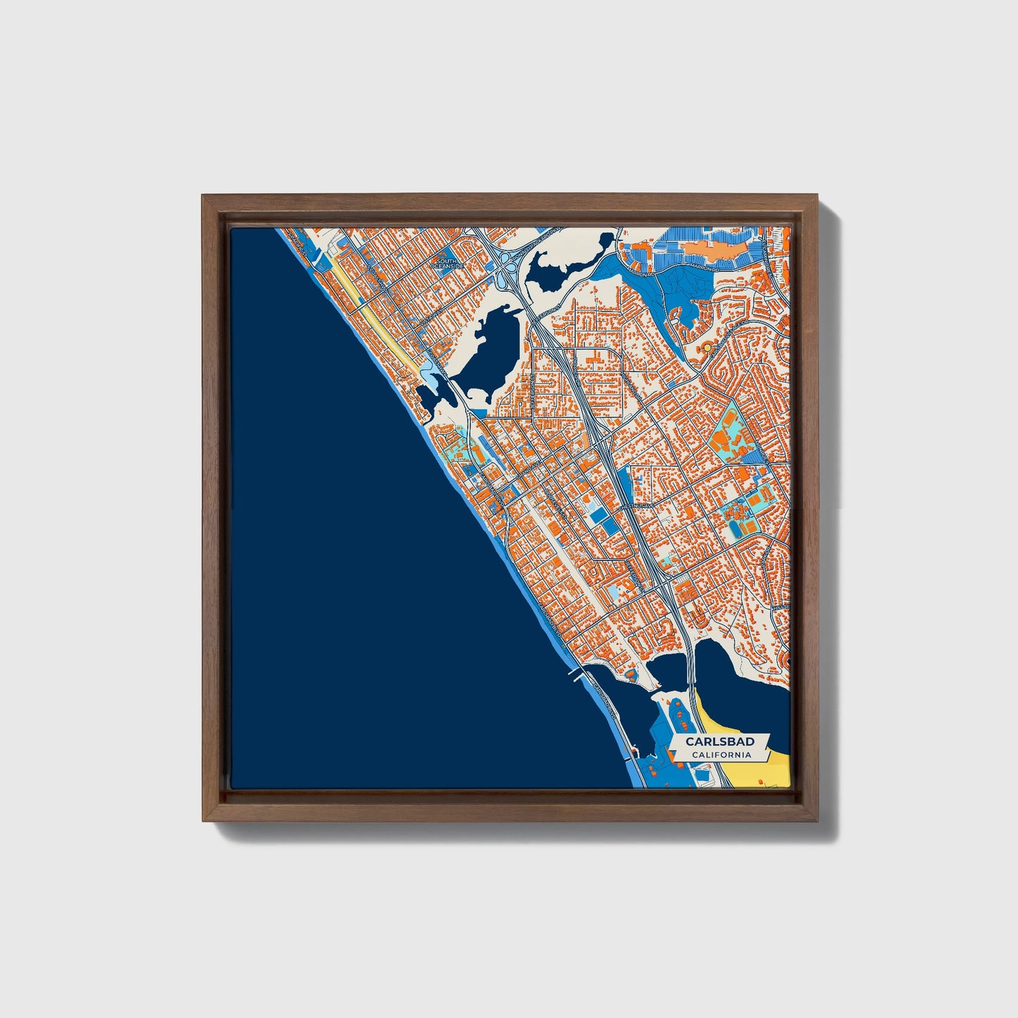 Carlsbad California Colorful City Map Canvas Print • Dark Wooden Framed