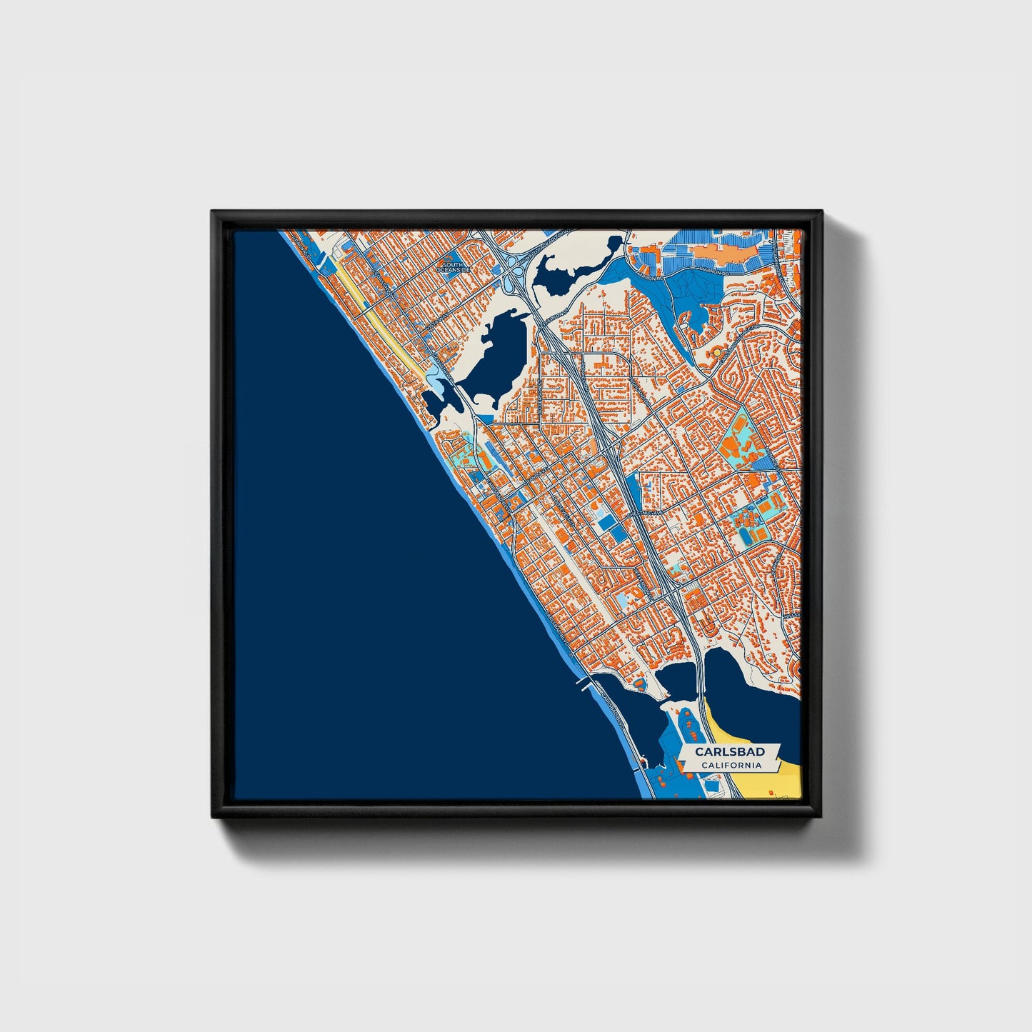 Carlsbad California Colorful City Map Canvas Print • Black Framed