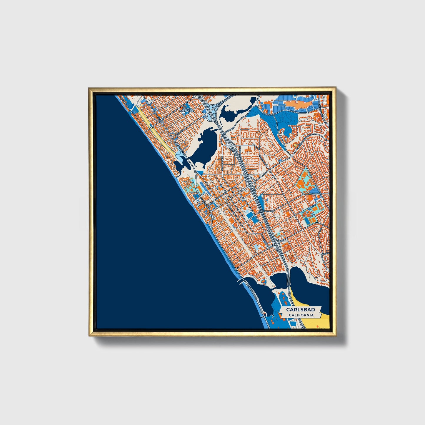Carlsbad California Colorful City Map Canvas Print • Gold Framed