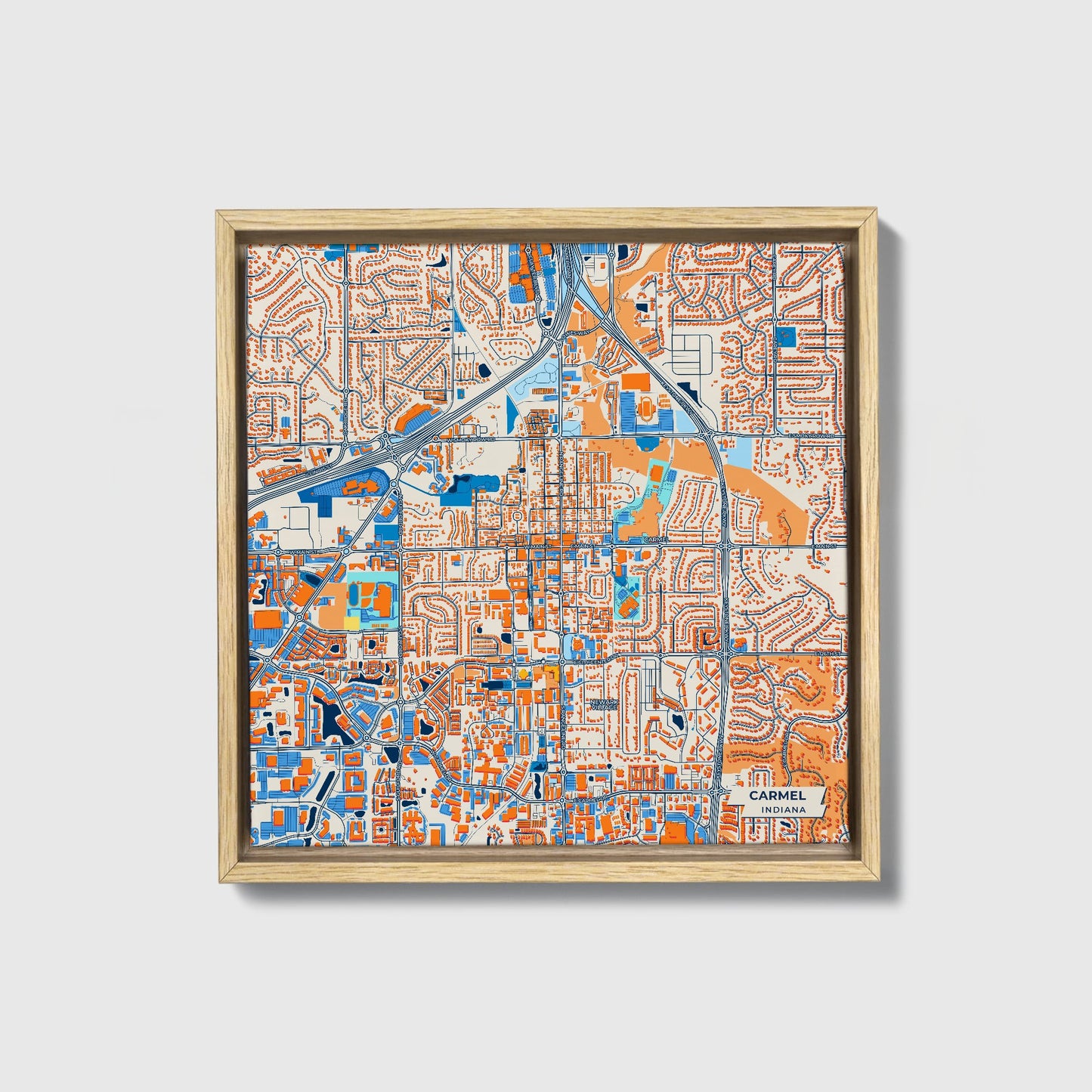 Carmel Indiana Colorful City Map Canvas Print • Natural Wooden Framed