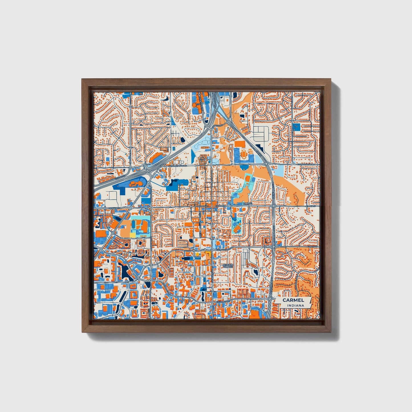 Carmel Indiana Colorful City Map Canvas Print • Dark Wooden Framed