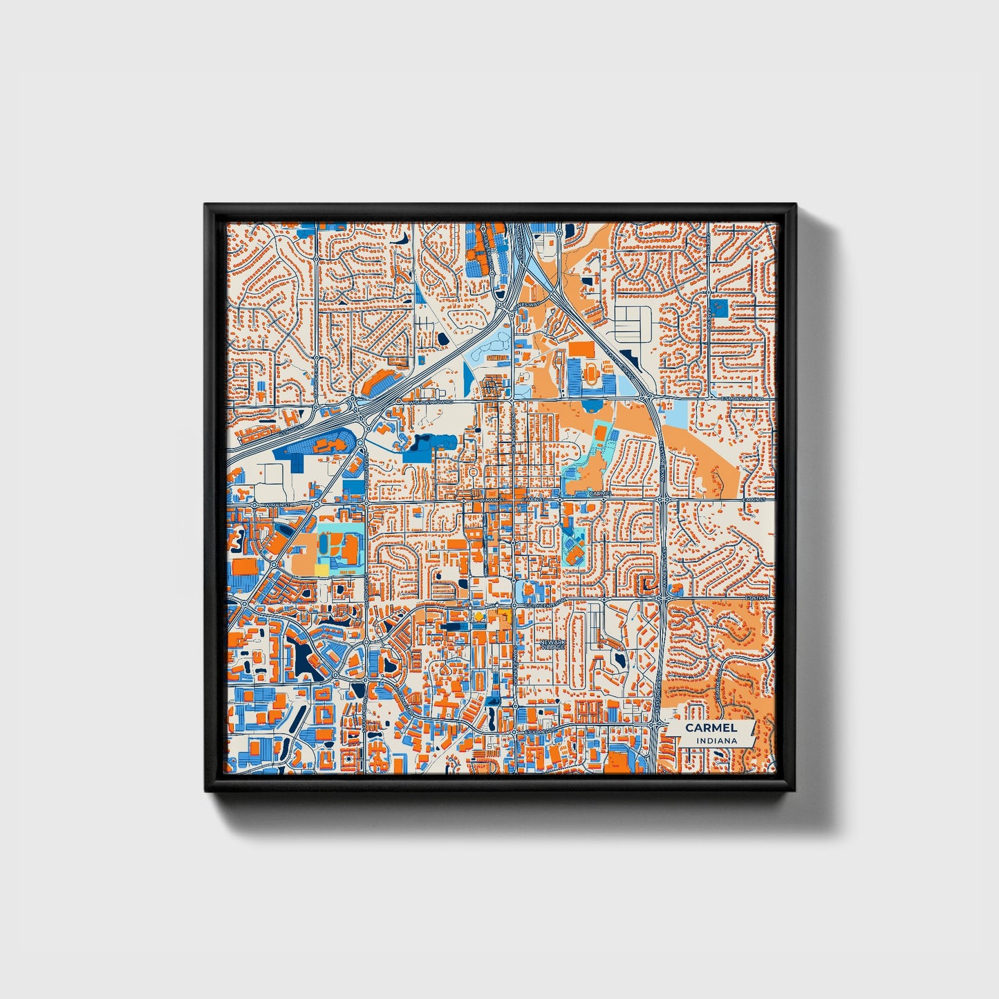 Carmel Indiana Colorful City Map Canvas Print • Black Framed