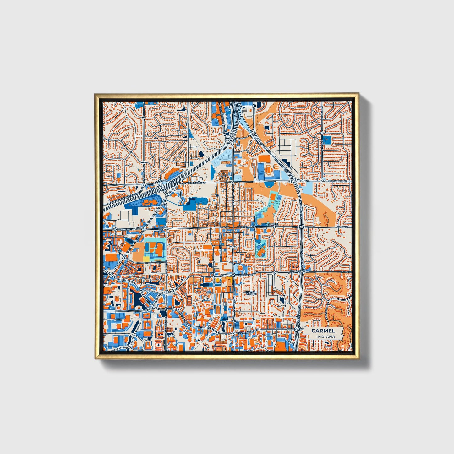 Carmel Indiana Colorful City Map Canvas Print • Gold Framed
