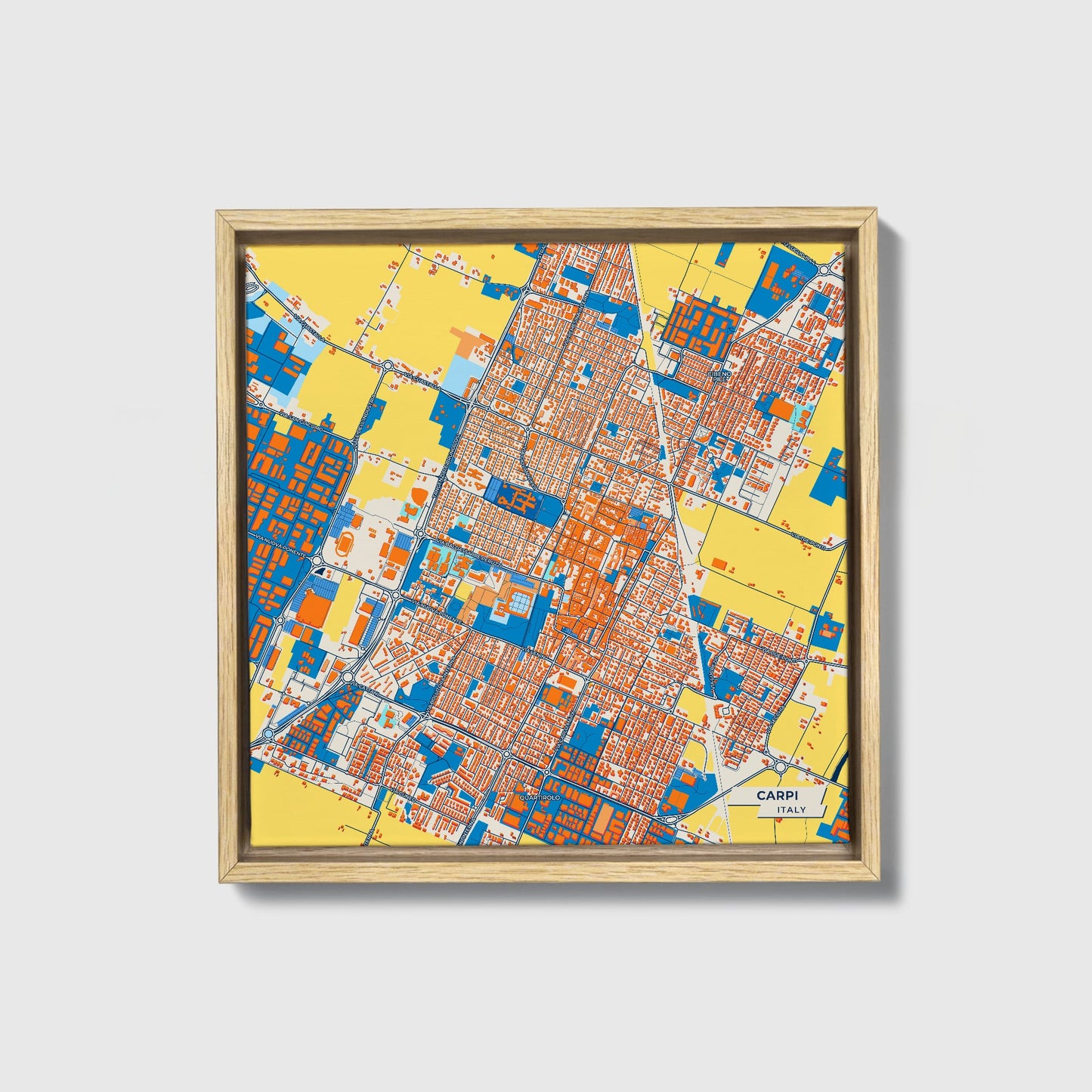 Carpi Italy Colorful City Map Canvas Print • Natural Wooden Framed