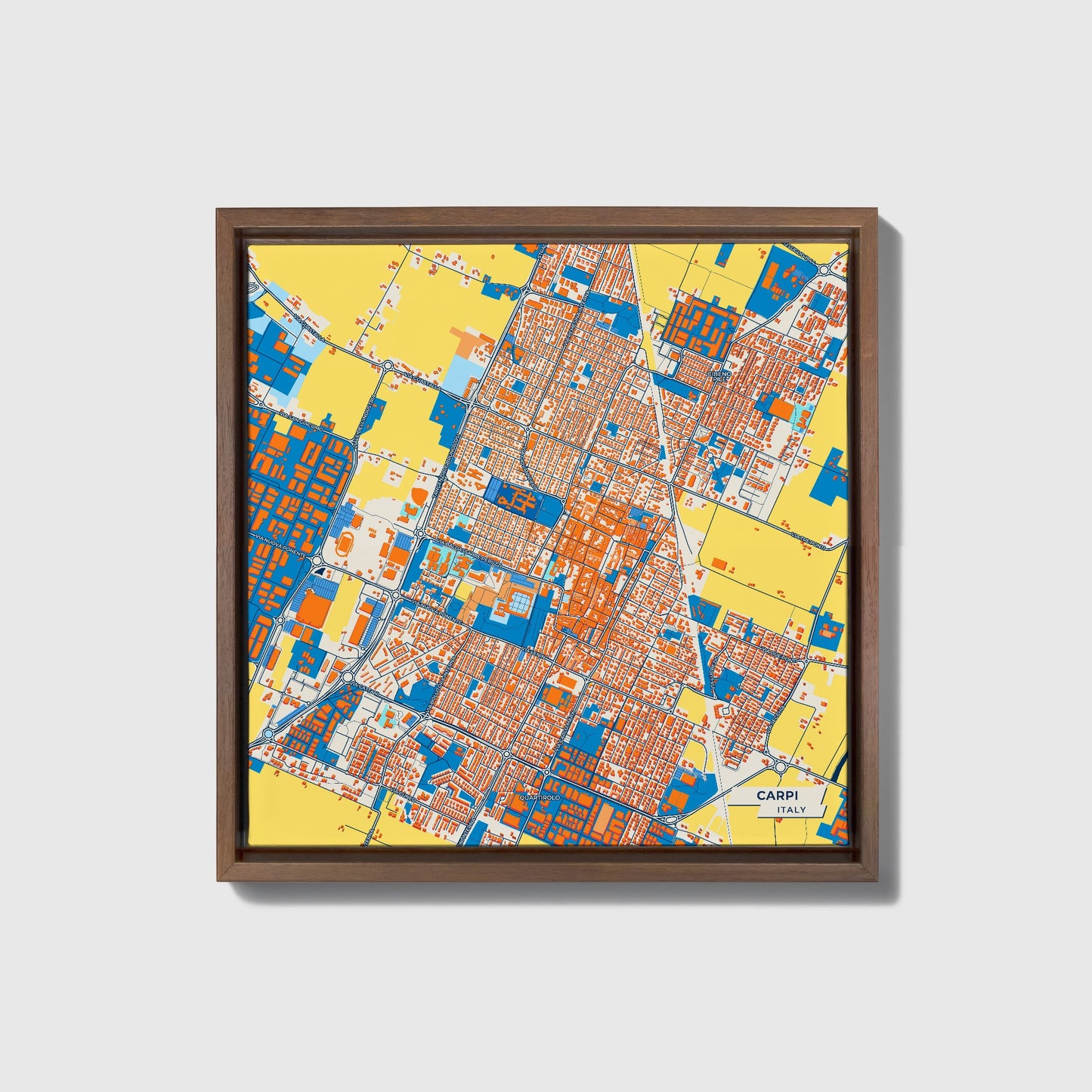 Carpi Italy Colorful City Map Canvas Print • Dark Wooden Framed