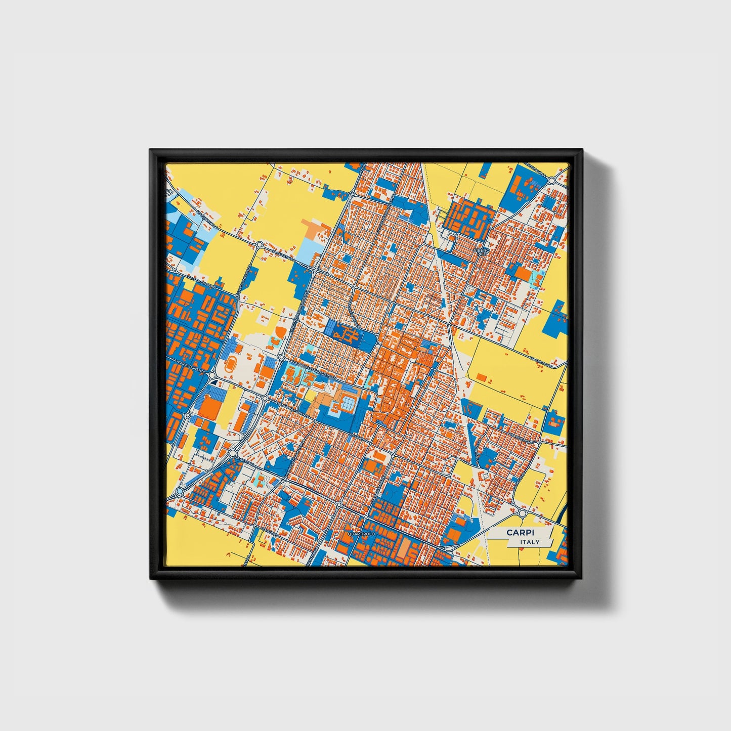 Carpi Italy Colorful City Map Canvas Print • Black Framed