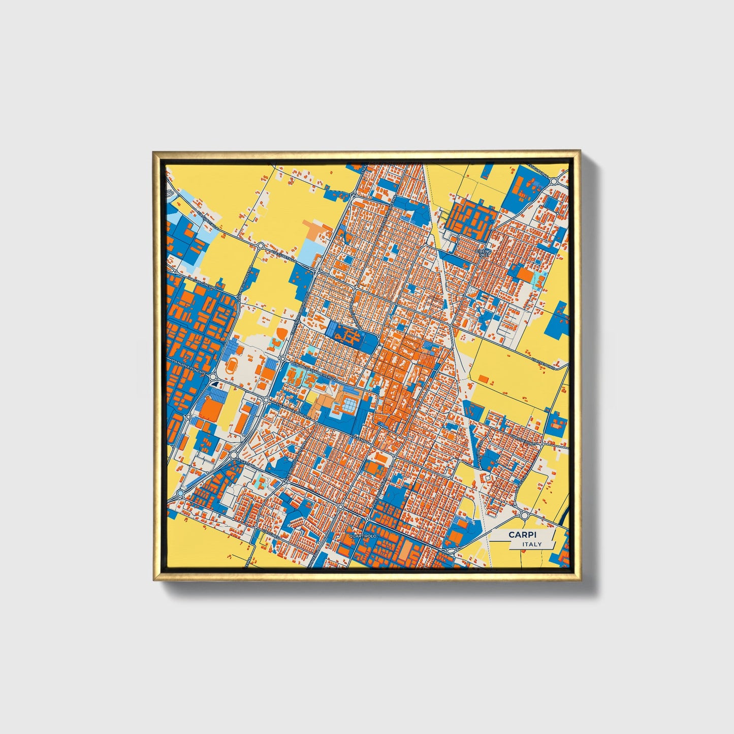 Carpi Italy Colorful City Map Canvas Print • Gold Framed