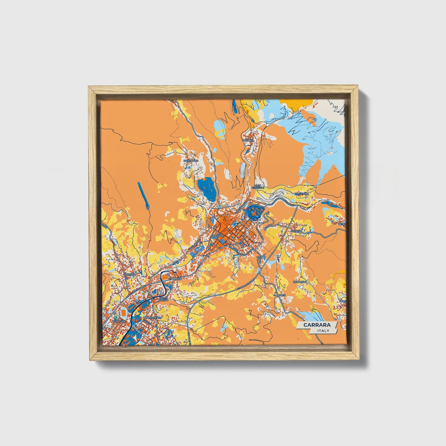 Carrara Italy Colorful City Map Canvas Print • Natural Wooden Framed