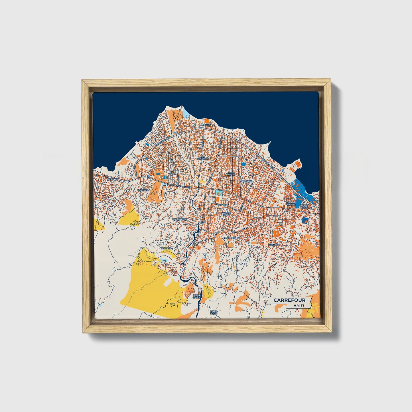 Carrefour Haiti Colorful City Map Canvas Print • Natural Wooden Framed