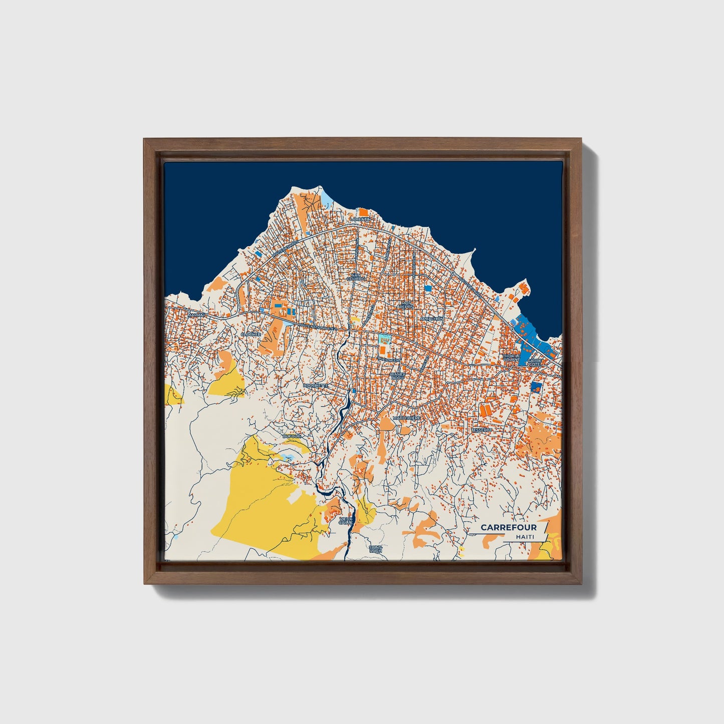Carrefour Haiti Colorful City Map Canvas Print • Dark Wooden Framed