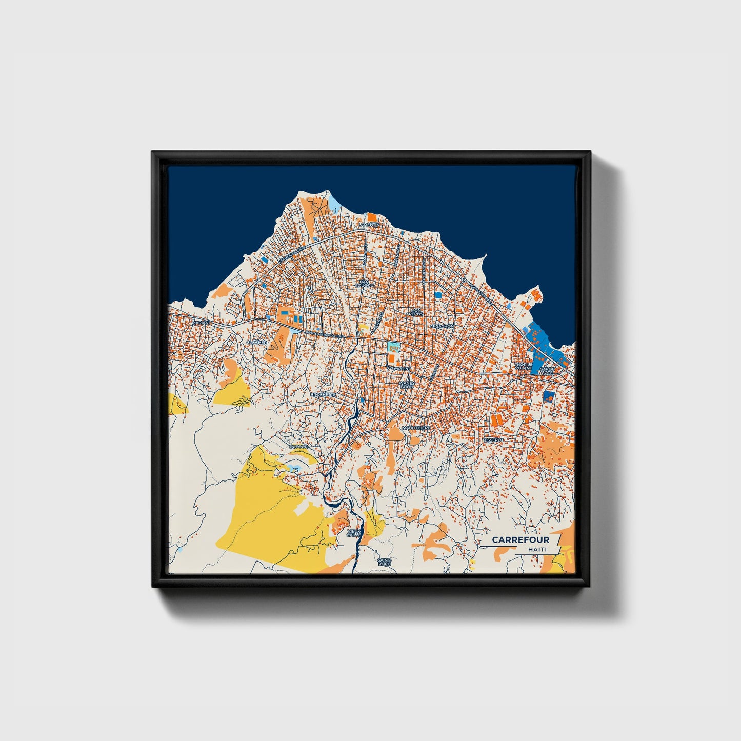 Carrefour Haiti Colorful City Map Canvas Print • Black Framed
