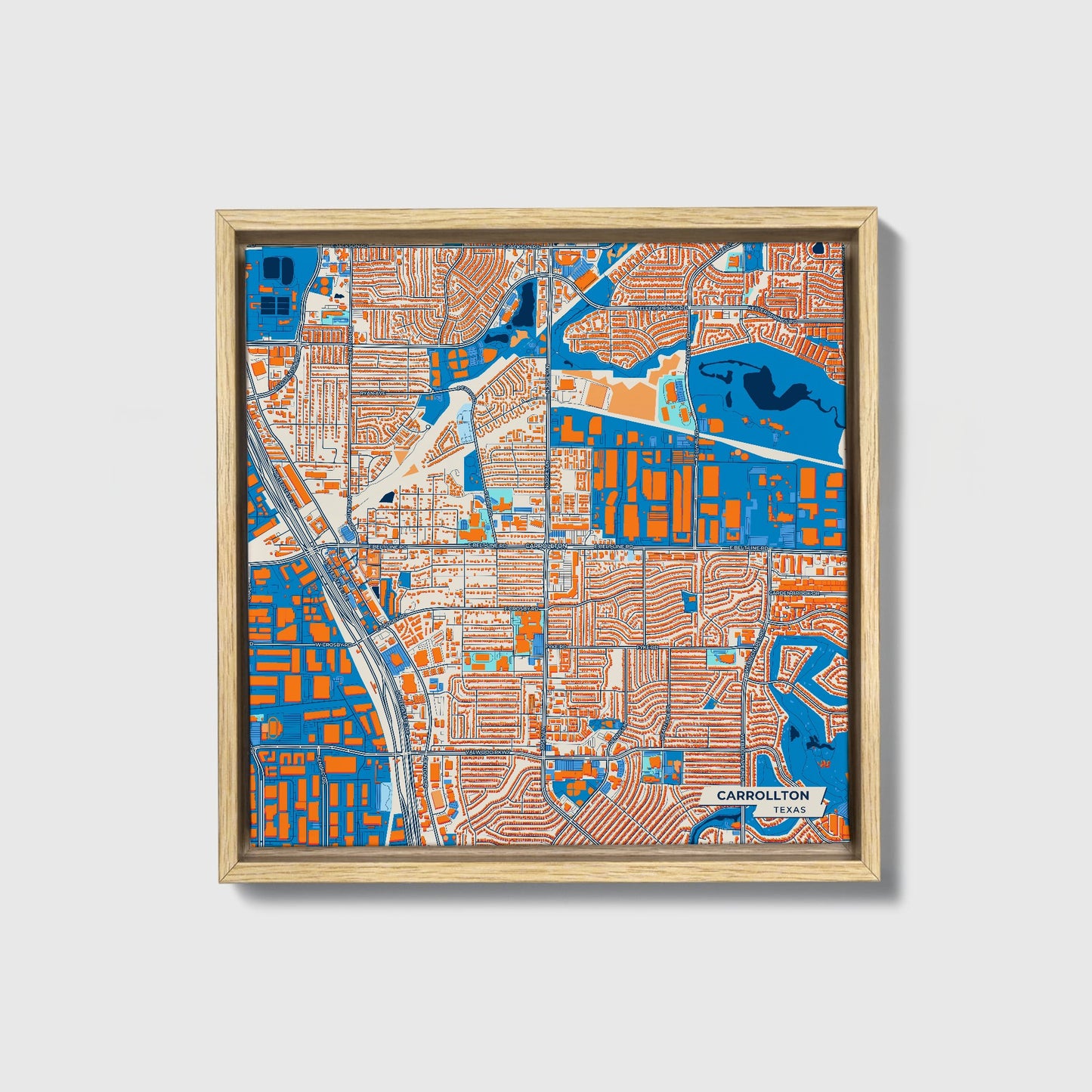 Carrollton Texas Colorful City Map Canvas Print • Natural Wooden Framed