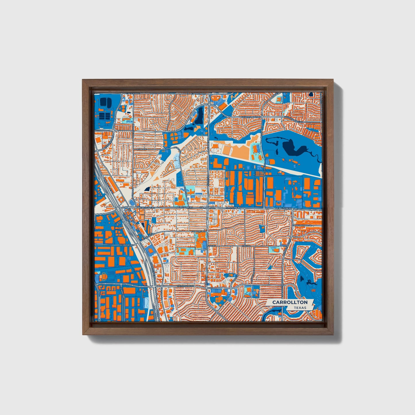 Carrollton Texas Colorful City Map Canvas Print • Dark Wooden Framed