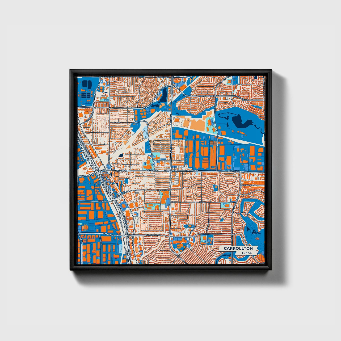 Carrollton Texas Colorful City Map Canvas Print • Black Framed