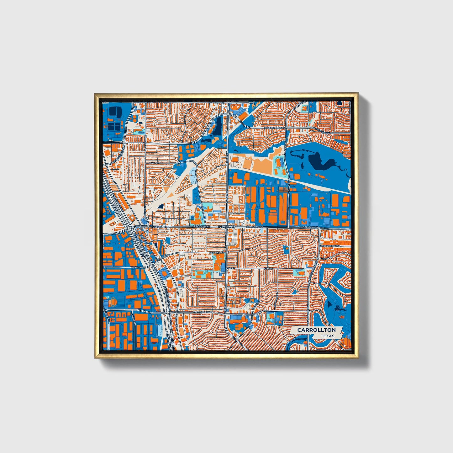 Carrollton Texas Colorful City Map Canvas Print • Gold Framed
