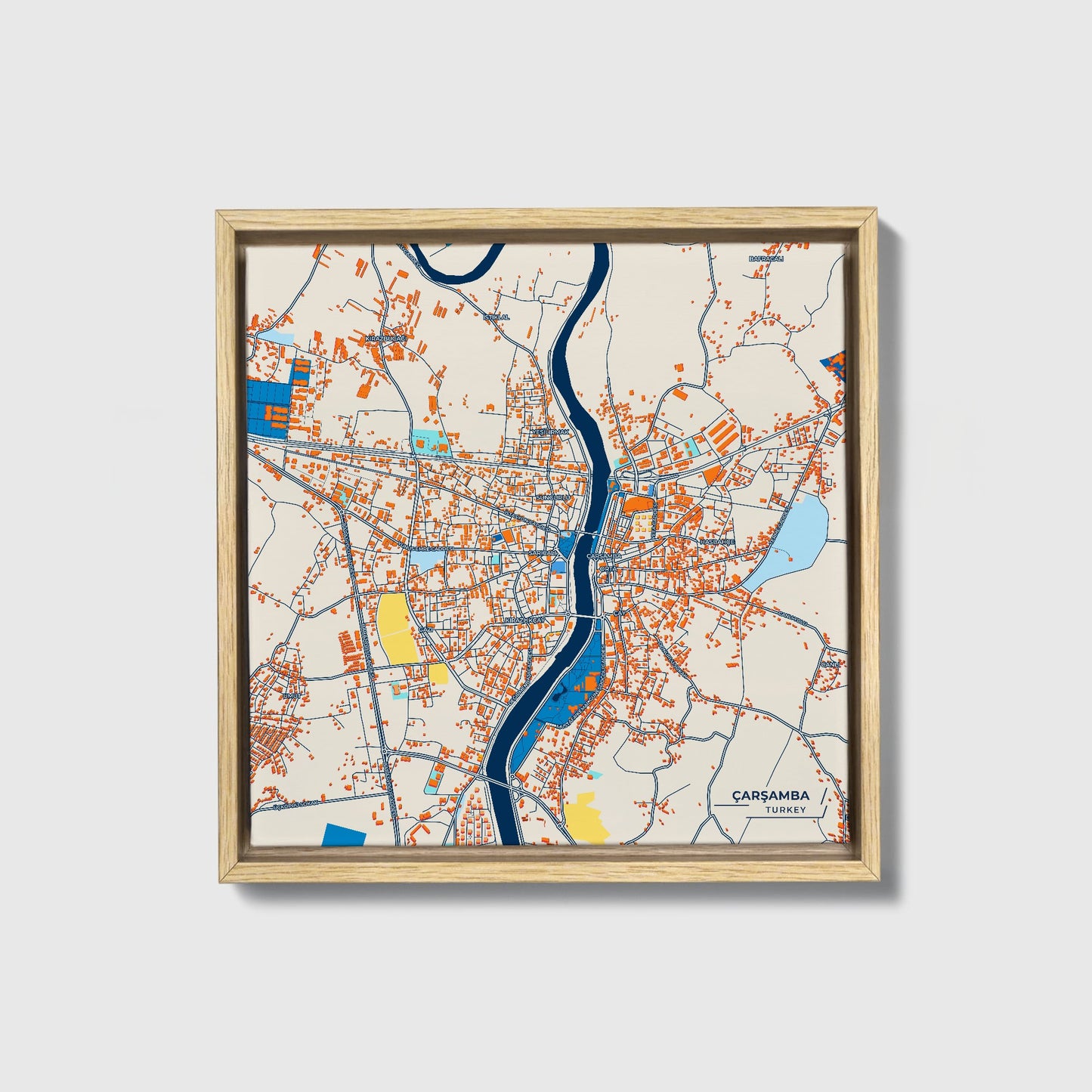Çarşamba Turkey Colorful City Map Canvas Print • Natural Wooden Framed