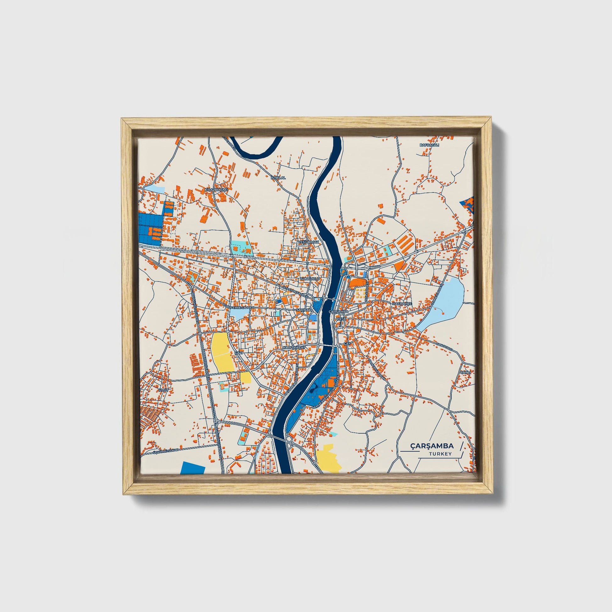 Çarşamba Turkey Colorful City Map Canvas Print • Natural Wooden Framed