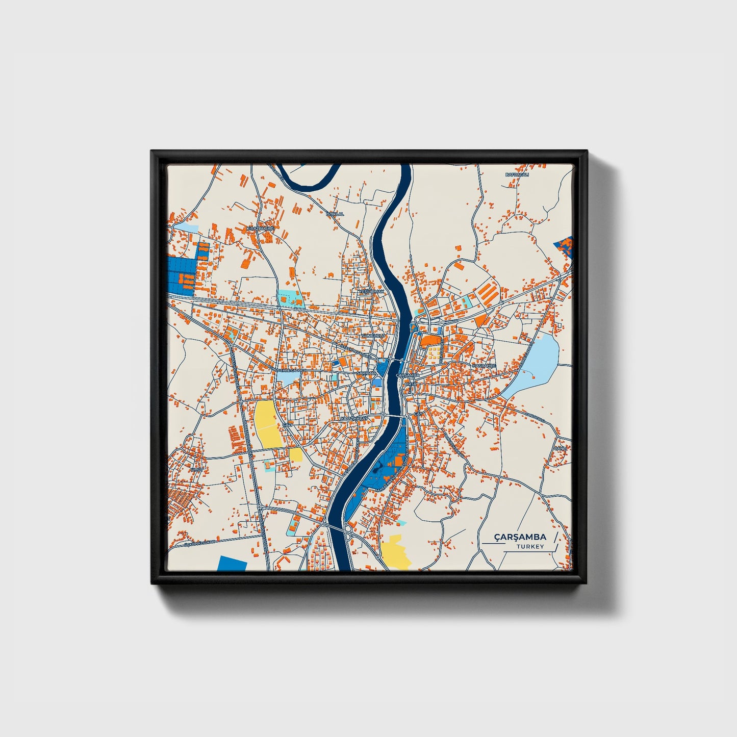 Çarşamba Turkey Colorful City Map Canvas Print • Black Framed