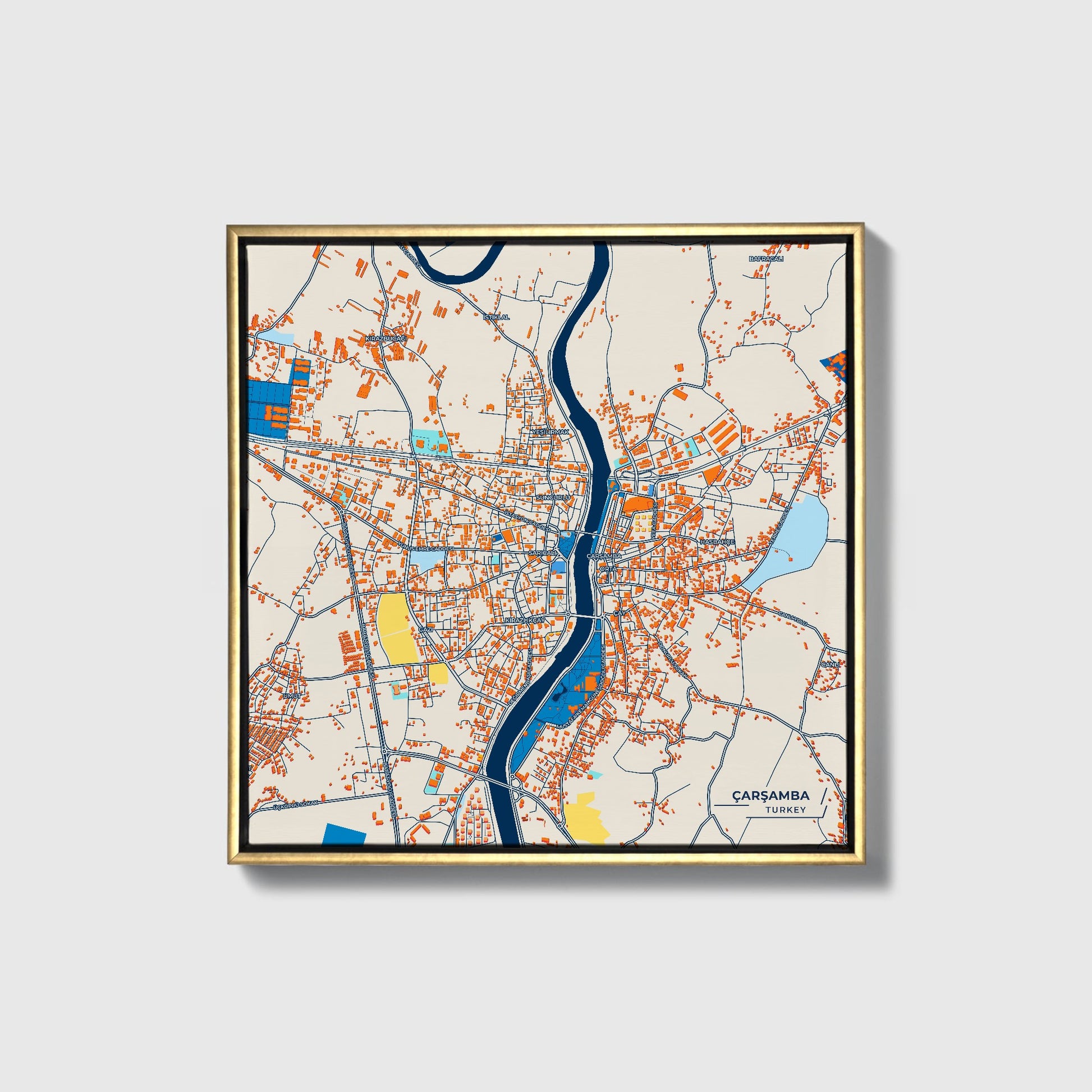 Çarşamba Turkey Colorful City Map Canvas Print • Gold Framed