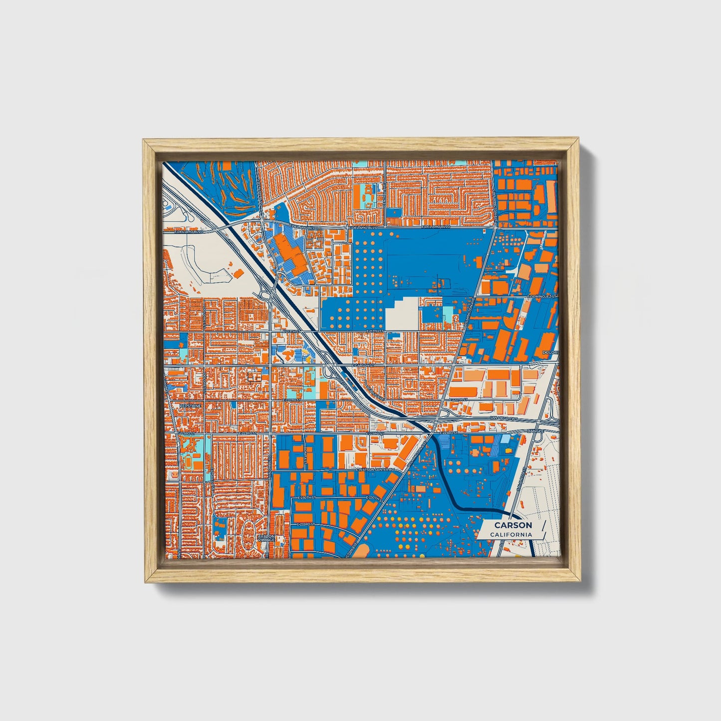 Carson California Colorful City Map Canvas Print • Natural Wooden Framed