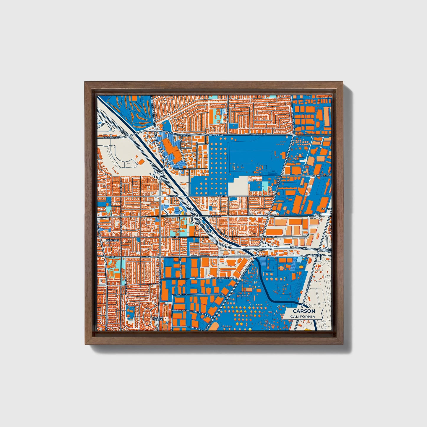 Carson California Colorful City Map Canvas Print • Dark Wooden Framed