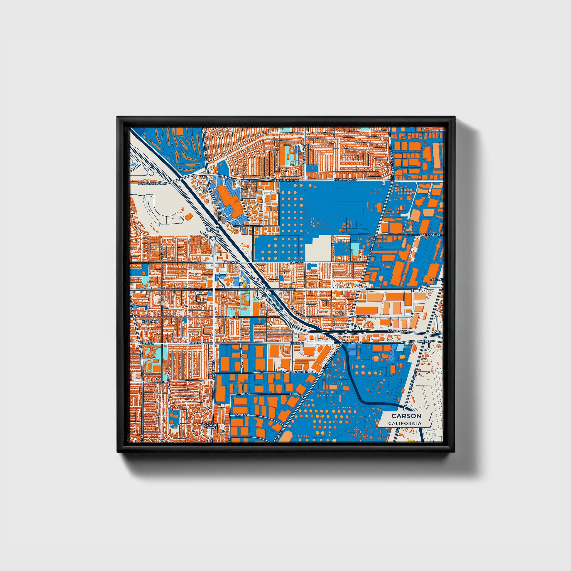 Carson California Colorful City Map Canvas Print • Black Framed