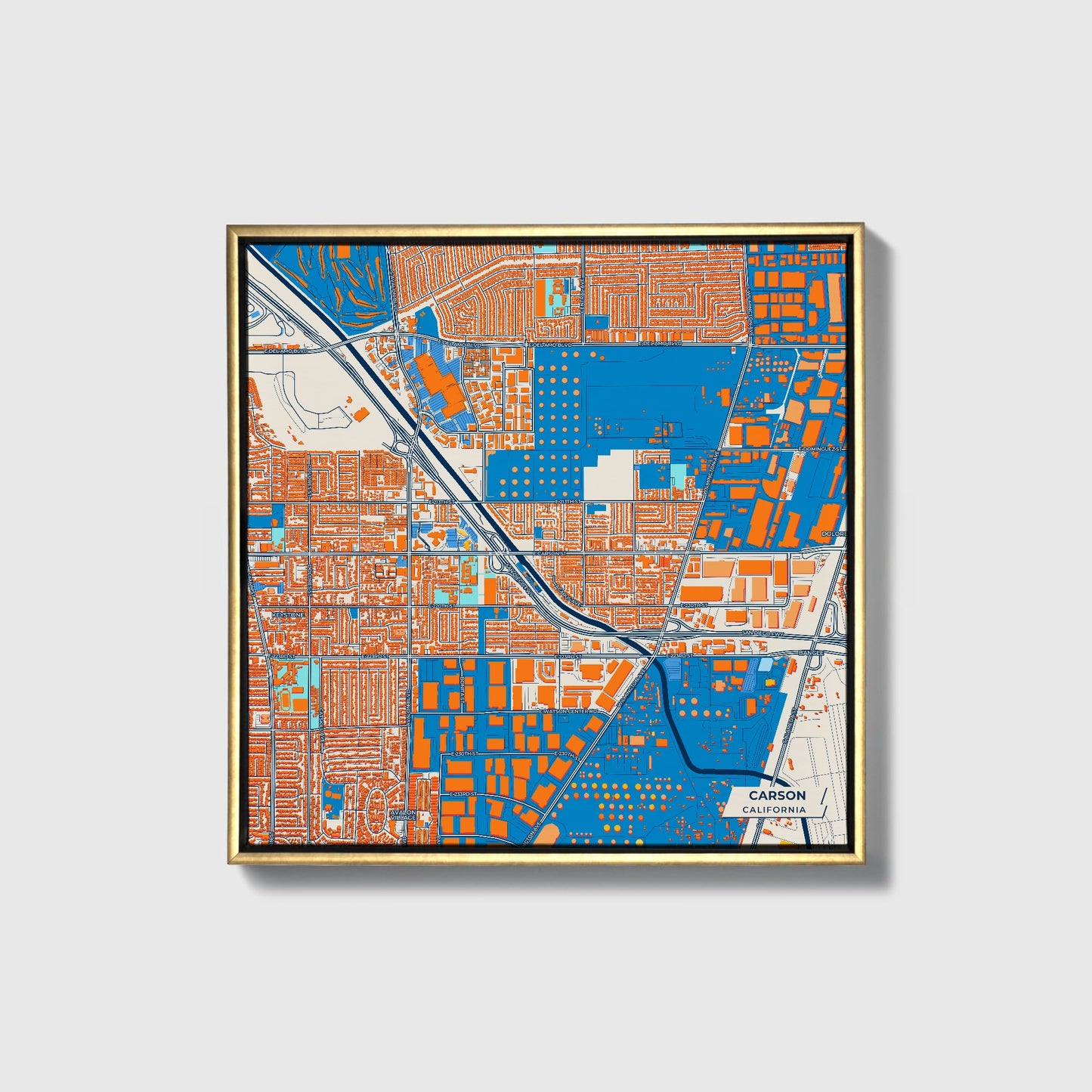 Carson California Colorful City Map Canvas Print • Gold Framed
