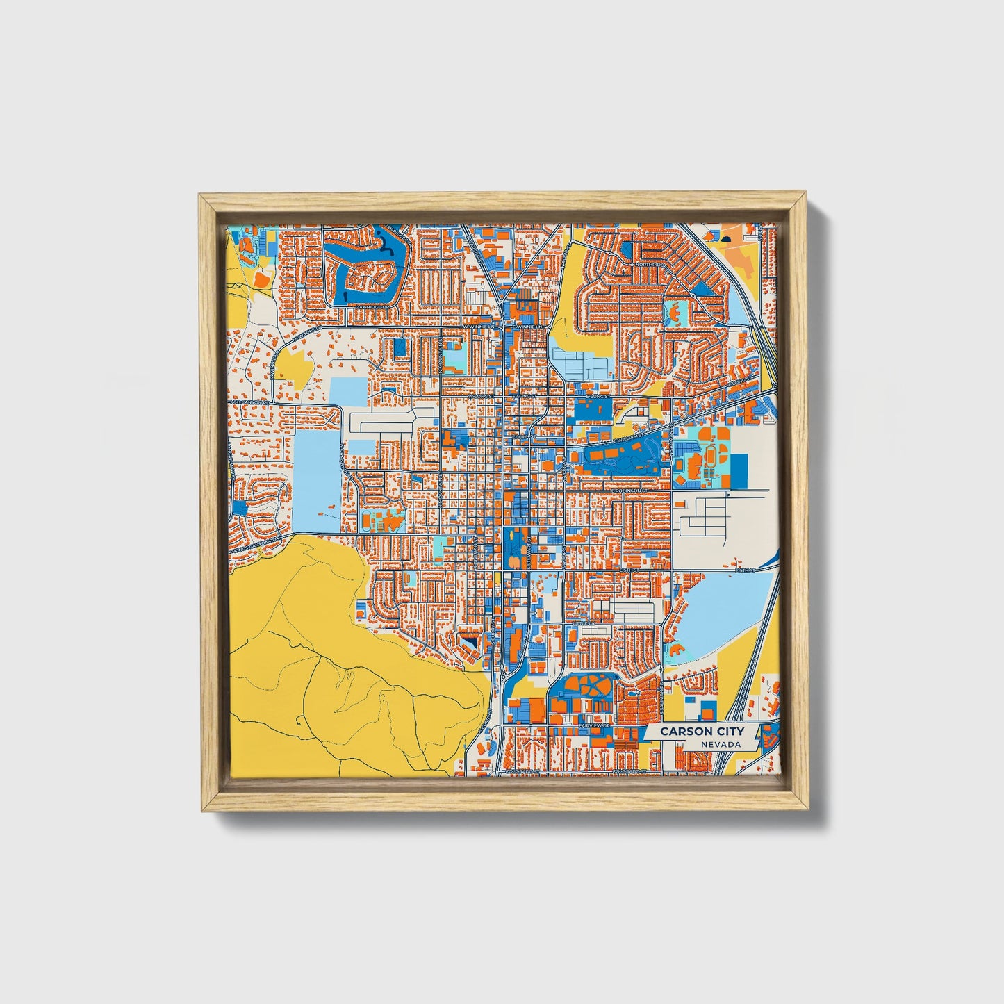Carson City Nevada Colorful City Map Canvas Print • Natural Wooden Framed
