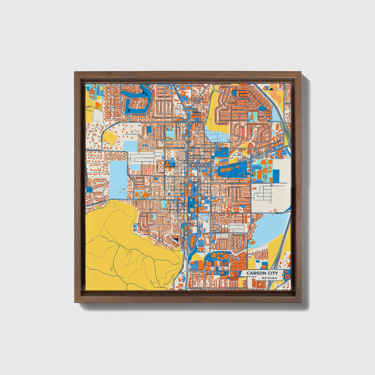 Carson City Nevada Colorful City Map Canvas Print • Dark Wooden Framed