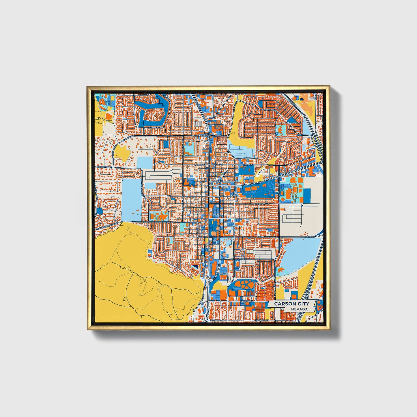 Carson City Nevada Colorful City Map Canvas Print • Gold Framed