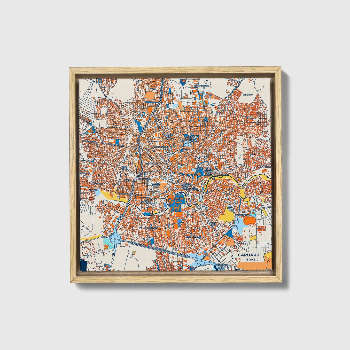 Caruaru Brazil Colorful City Map Canvas Print • Natural Wooden Framed