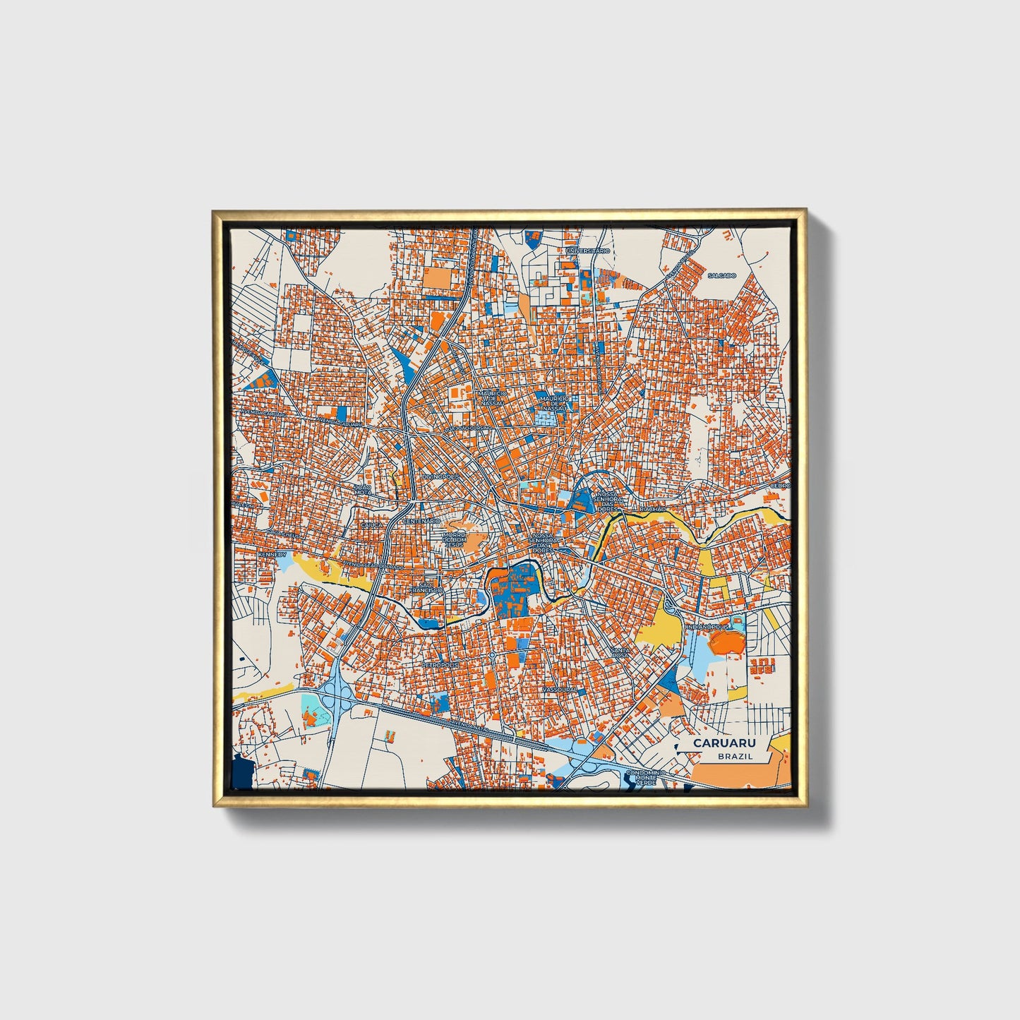 Caruaru Brazil Colorful City Map Canvas Print • Gold Framed