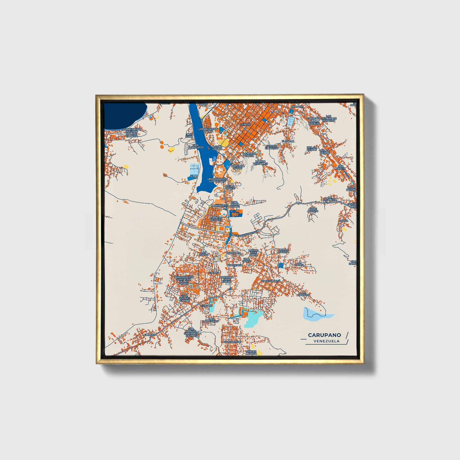 Carupano Venezuela Colorful City Map Canvas Print • Gold Framed