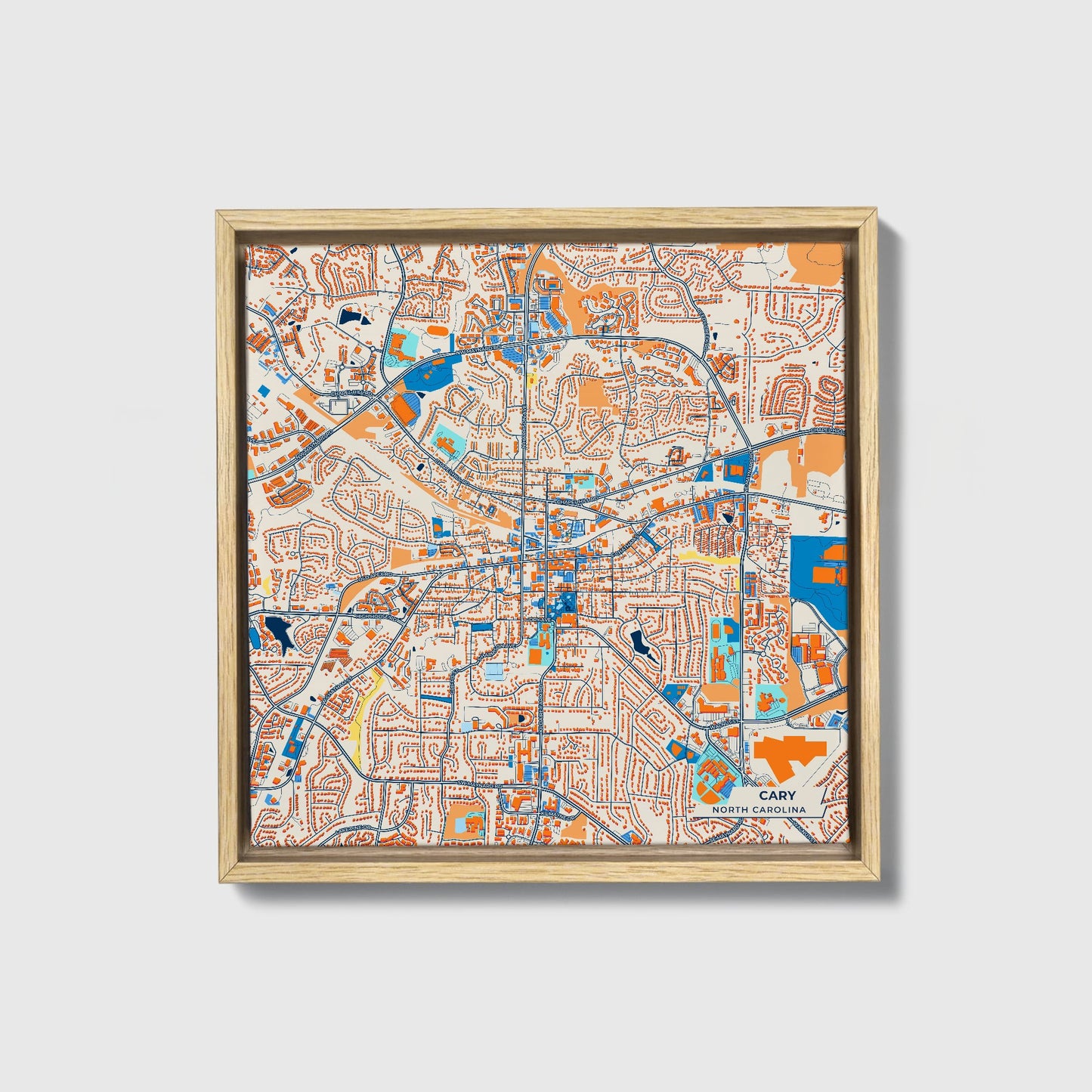 Cary North Carolina Colorful City Map Canvas Print • Natural Wooden Framed