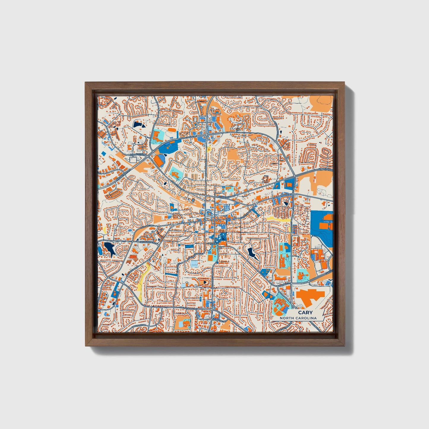 Cary North Carolina Colorful City Map Canvas Print • Dark Wooden Framed