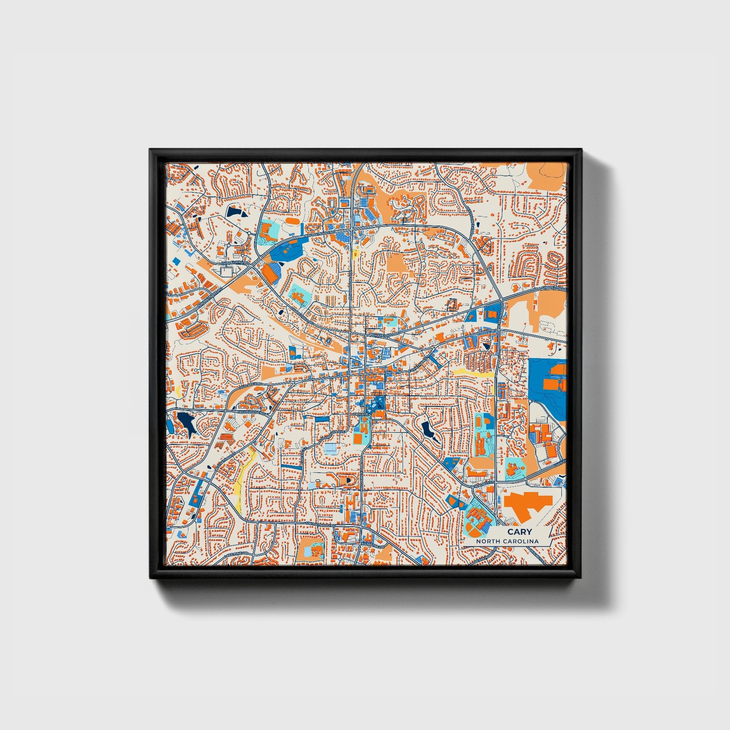 Cary North Carolina Colorful City Map Canvas Print • Black Framed