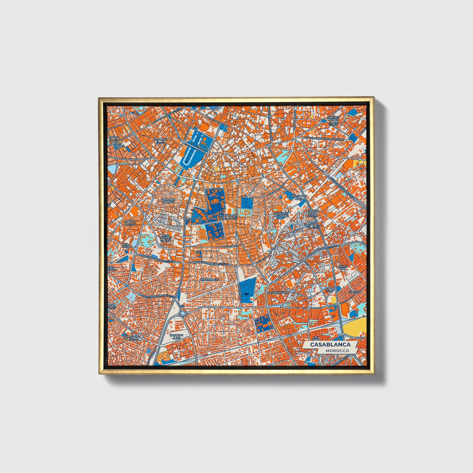 Casablanca Morocco Colorful City Map Canvas Print • Gold Framed