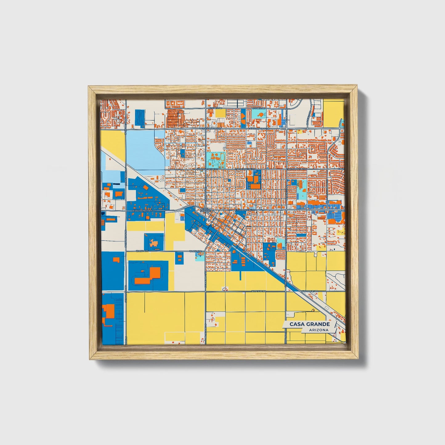Casa Grande Arizona Colorful City Map Canvas Print • Natural Wooden Framed