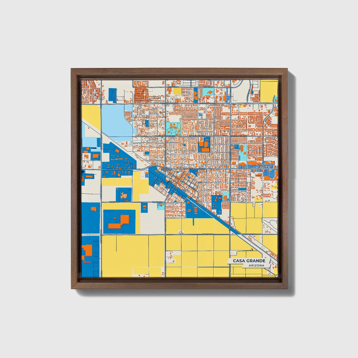 Casa Grande Arizona Colorful City Map Canvas Print • Dark Wooden Framed