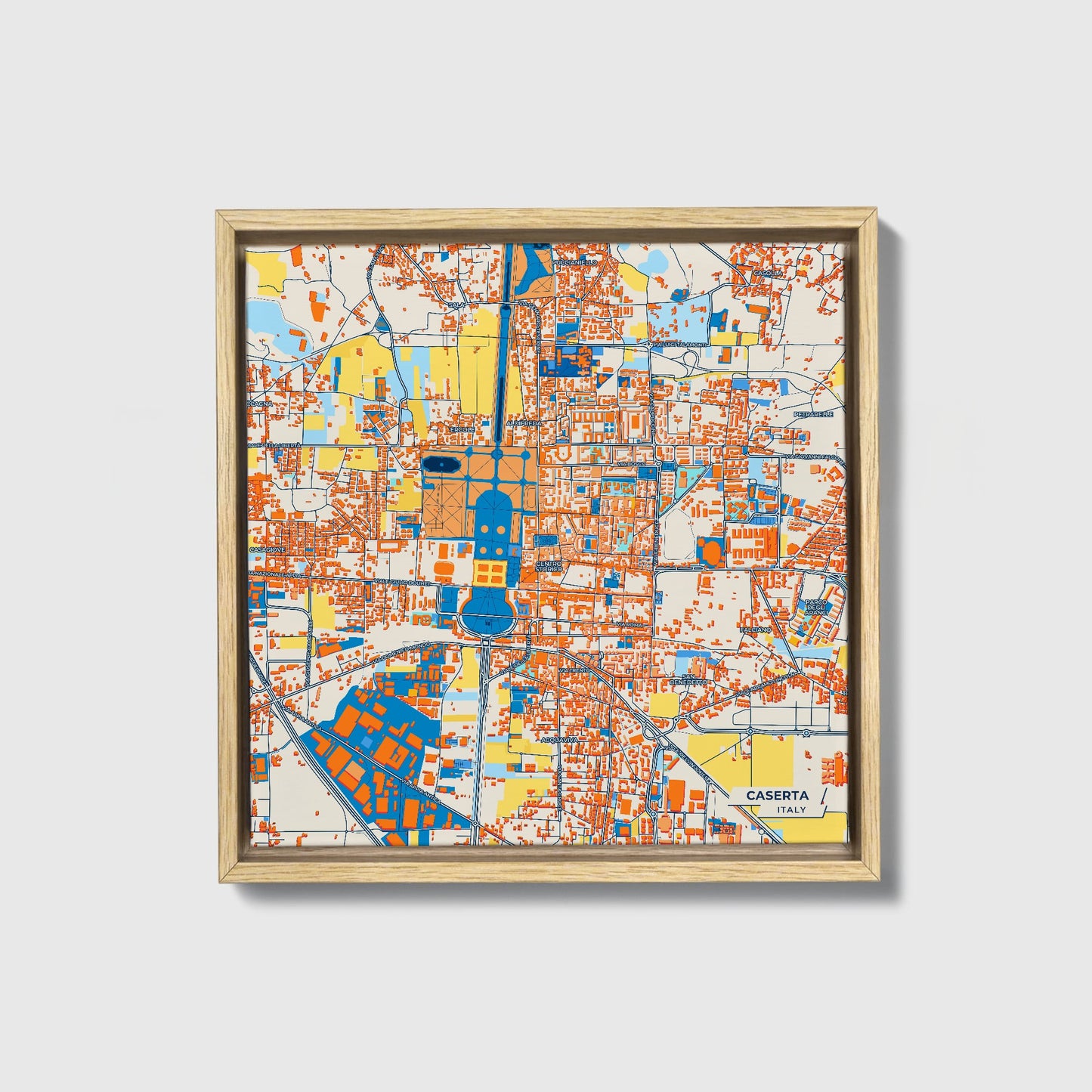 Caserta Italy Colorful City Map Canvas Print • Natural Wooden Framed