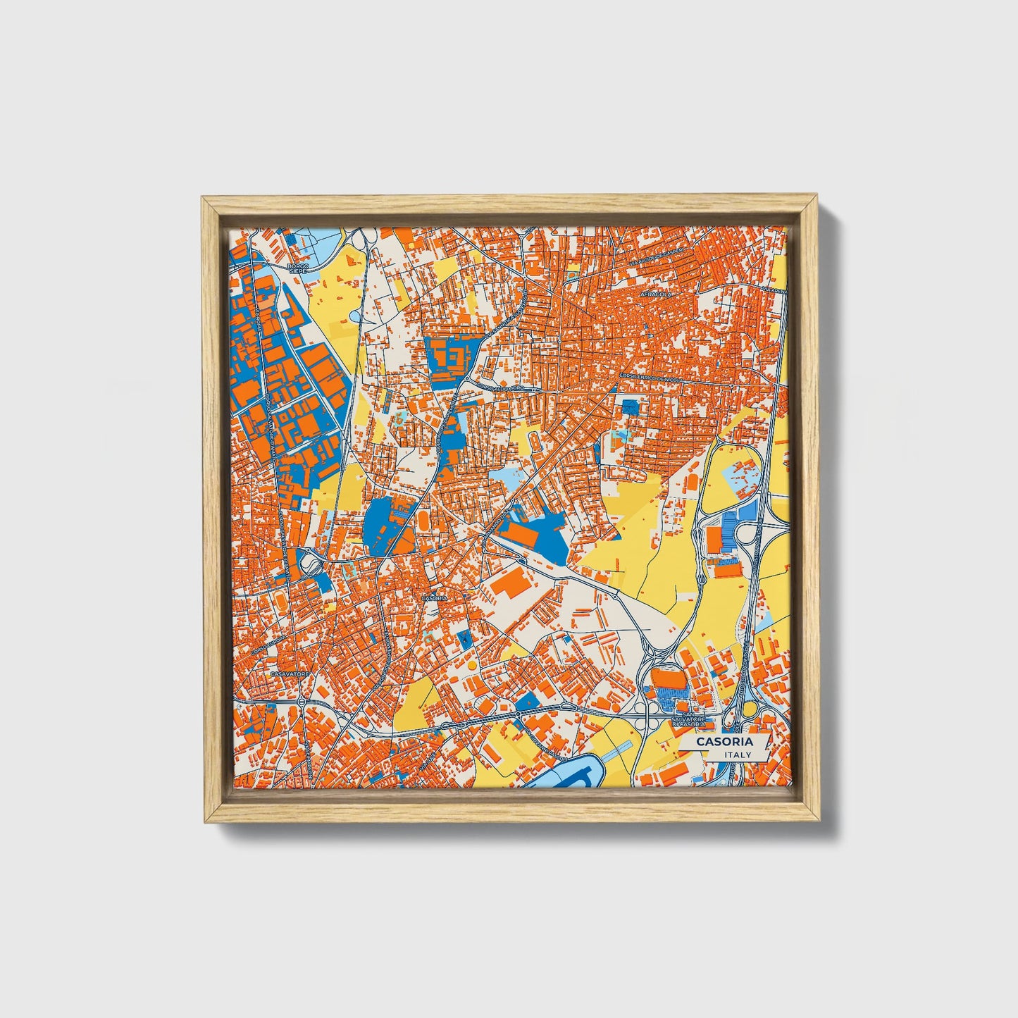 Casoria Italy Colorful City Map Canvas Print • Natural Wooden Framed
