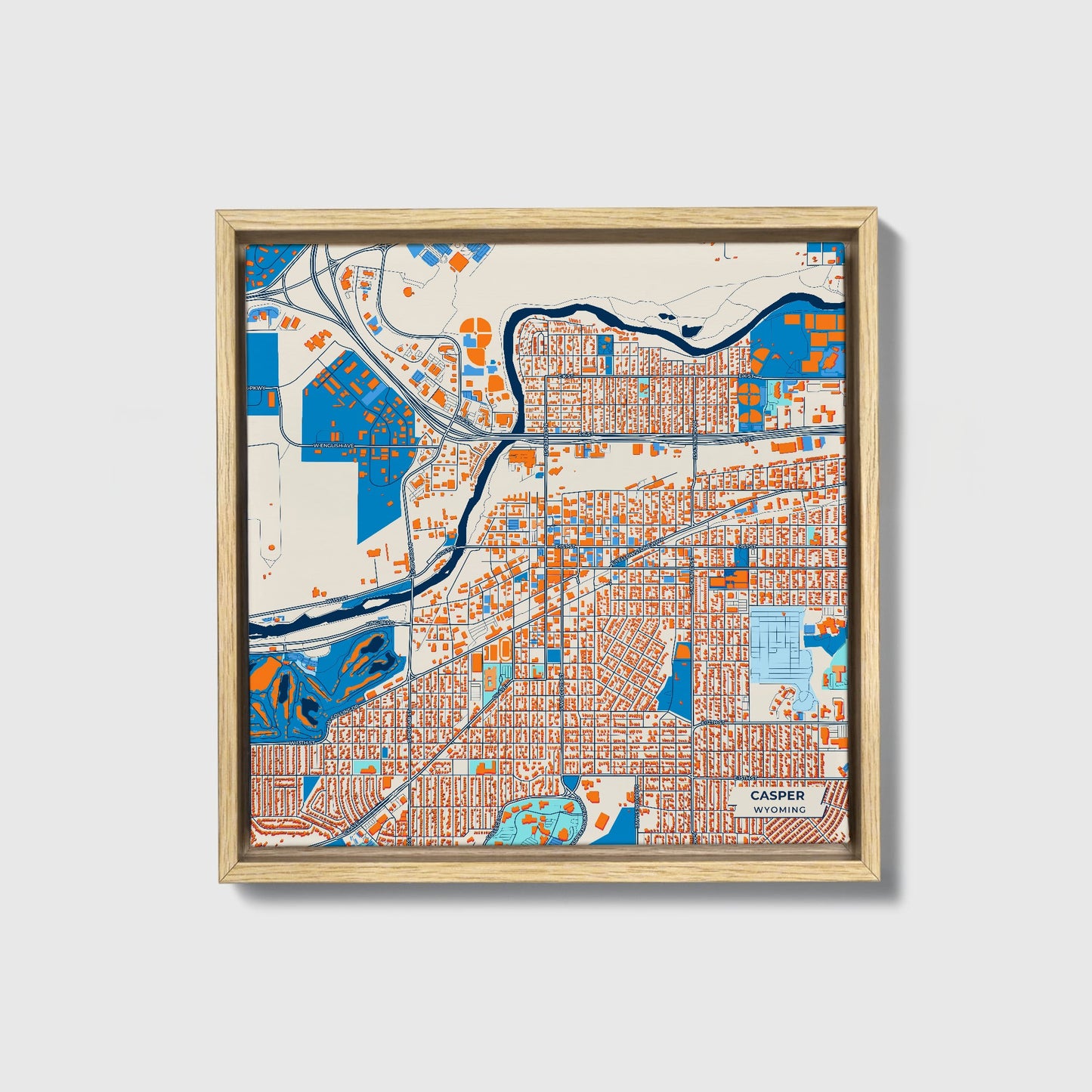 Casper Wyoming Colorful City Map Canvas Print • Natural Wooden Framed