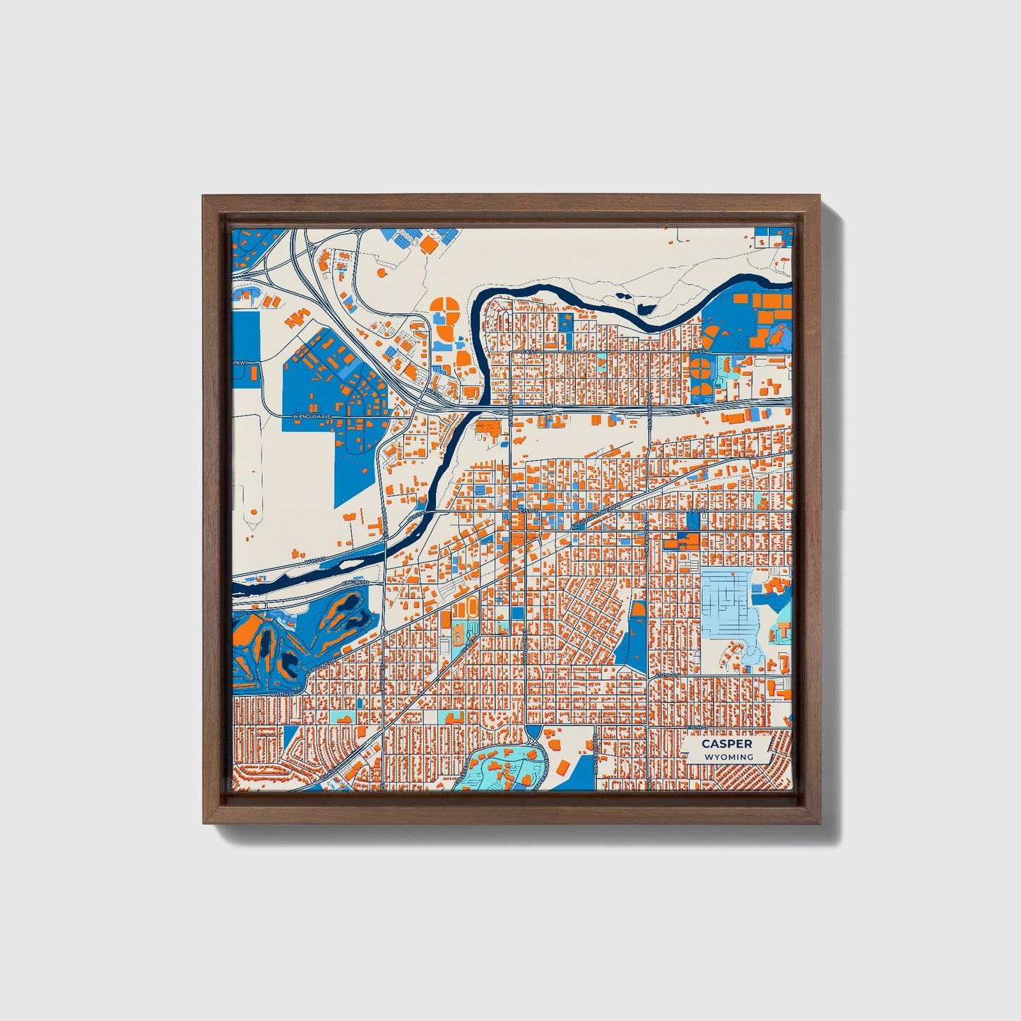 Casper Wyoming Colorful City Map Canvas Print • Dark Wooden Framed