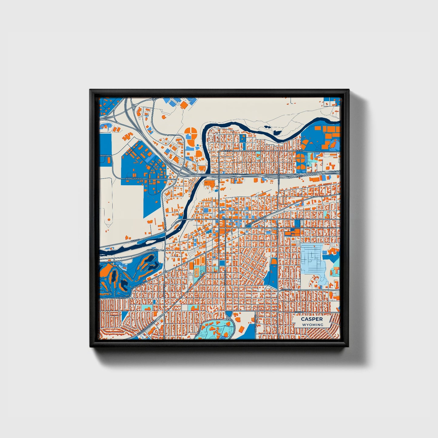 Casper Wyoming Colorful City Map Canvas Print • Black Framed
