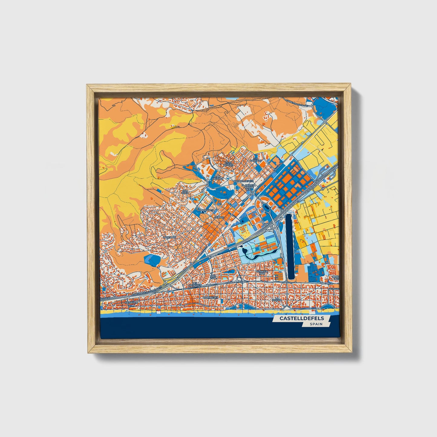Castelldefels Spain Colorful City Map Canvas Print • Natural Wooden Framed