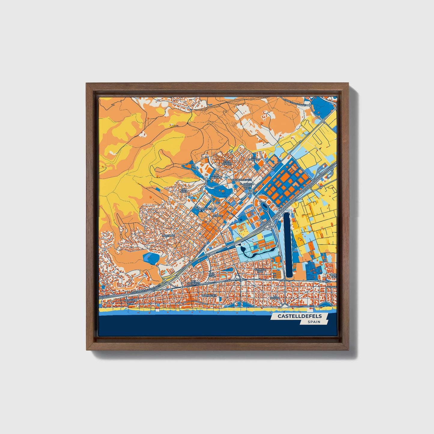 Castelldefels Spain Colorful City Map Canvas Print • Dark Wooden Framed