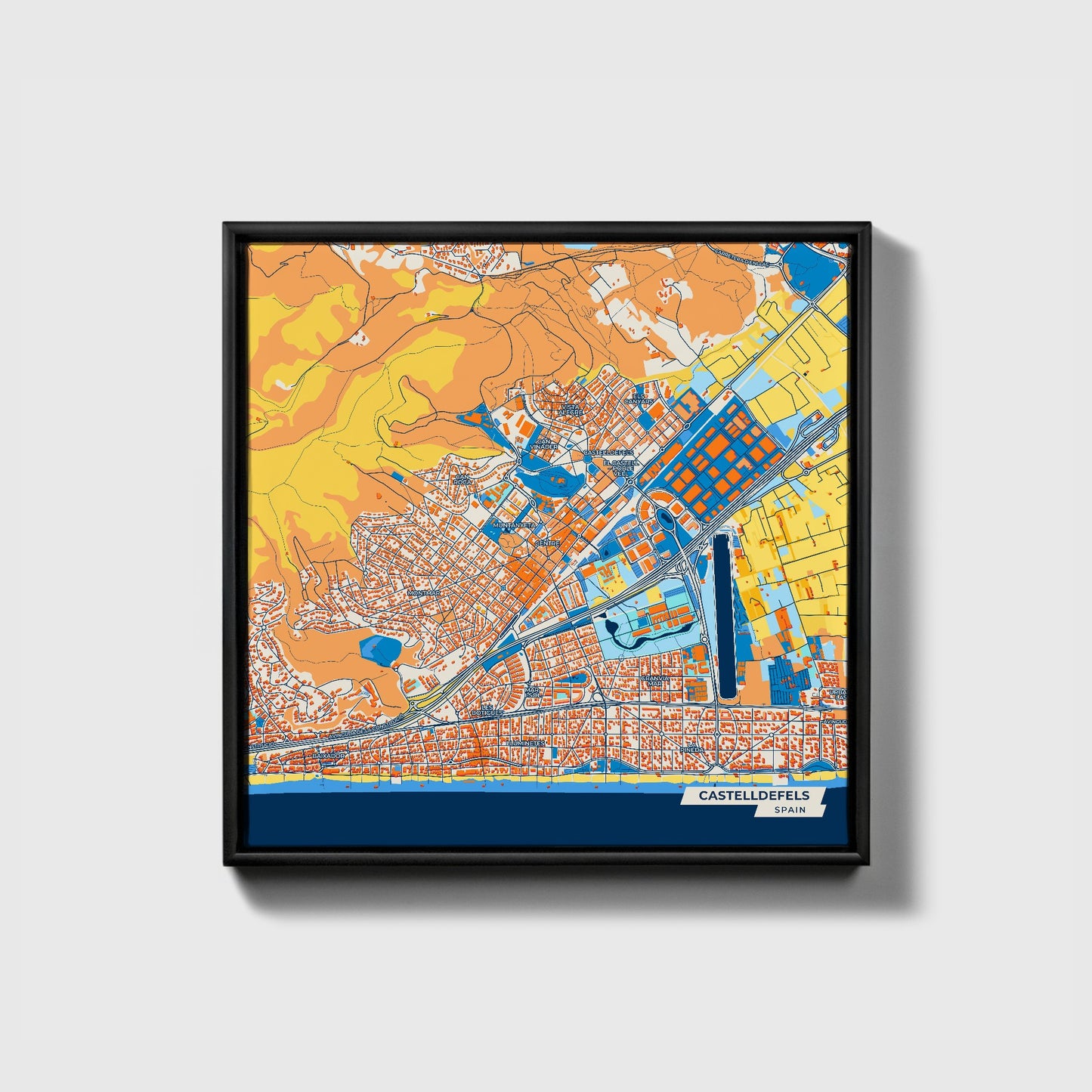 Castelldefels Spain Colorful City Map Canvas Print • Black Framed