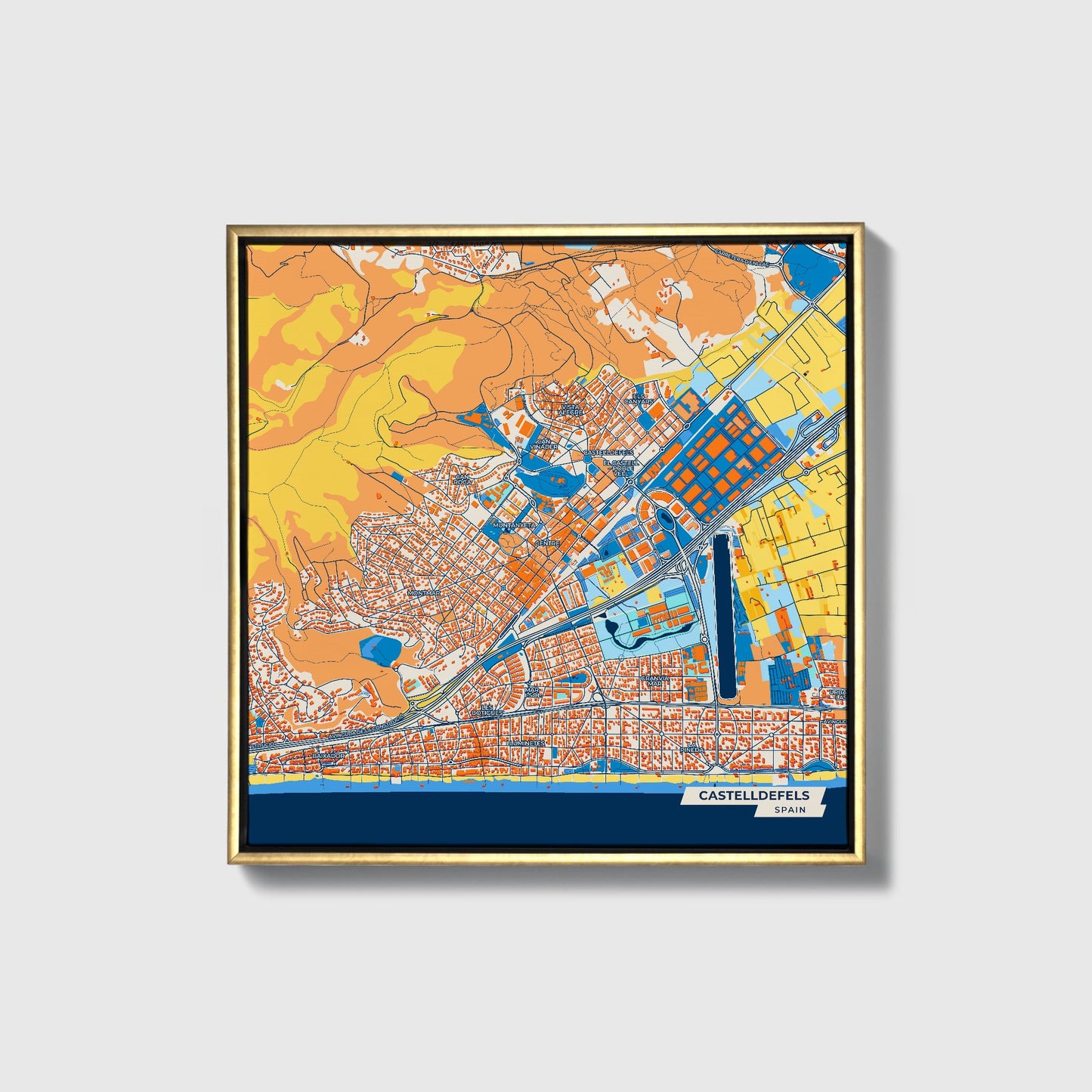 Castelldefels Spain Colorful City Map Canvas Print • Gold Framed