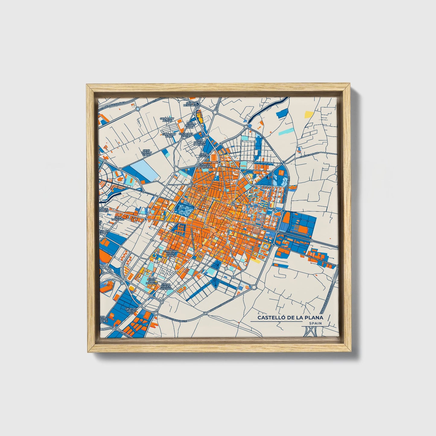 Castelló De La Plana Spain Colorful City Map Canvas Print • Natural Wooden Framed