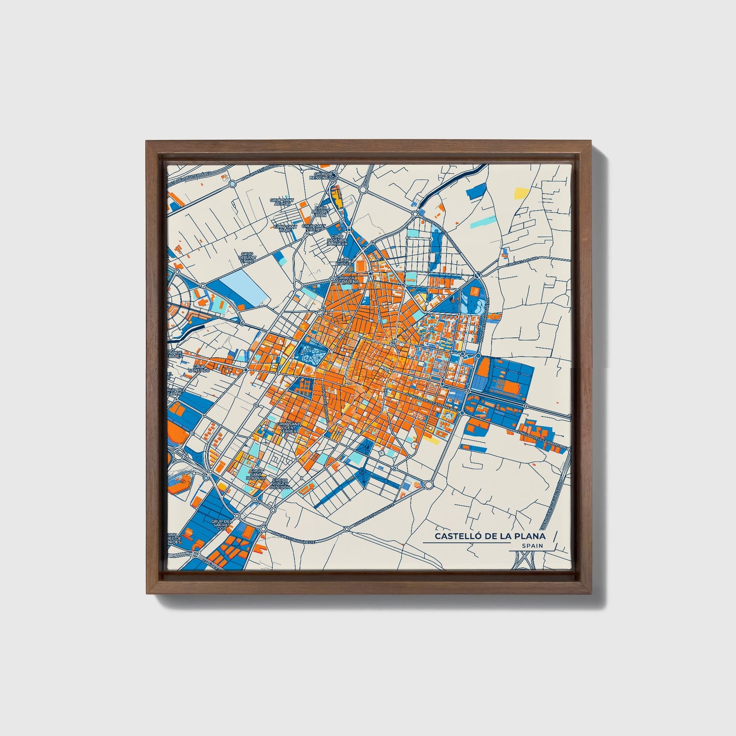 Castelló De La Plana Spain Colorful City Map Canvas Print • Dark Wooden Framed